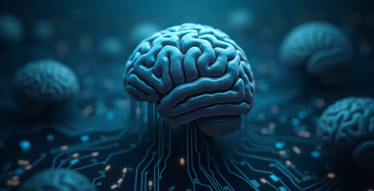 Conceptual illustration of a brain in low power mode with dimmed circuitry and light
