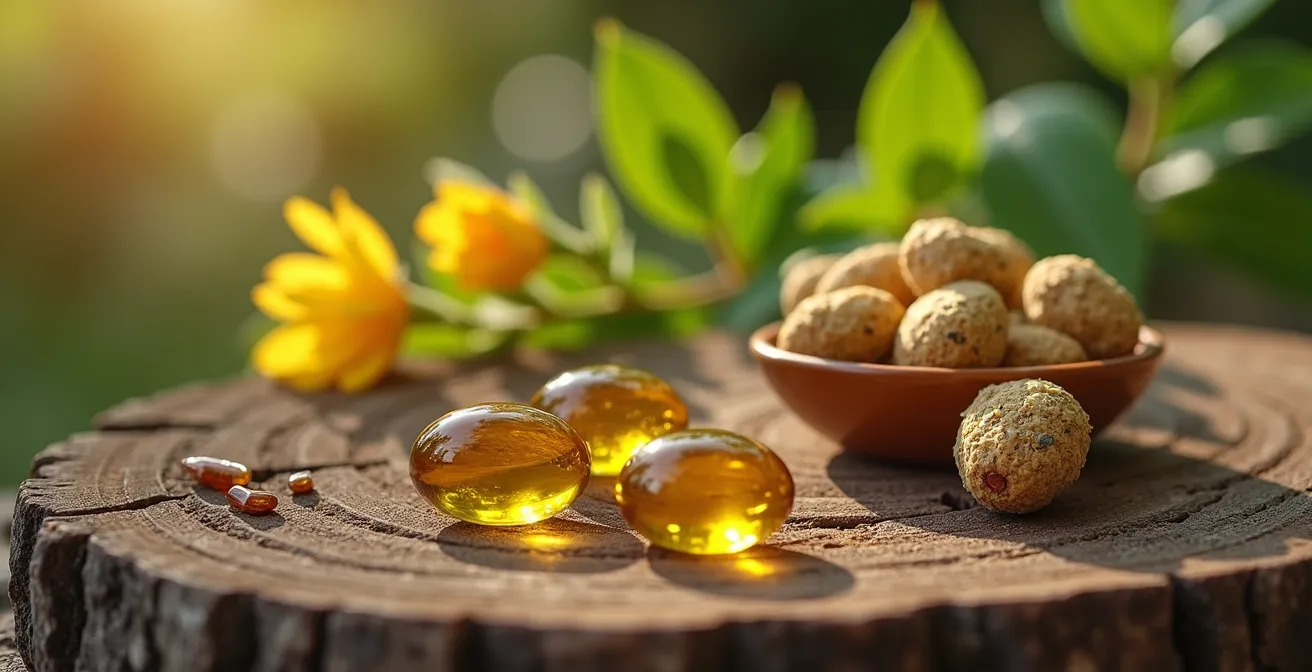 Close-up of adaptogenic herbs and omega-3 rich fish oil capsules on natural wood