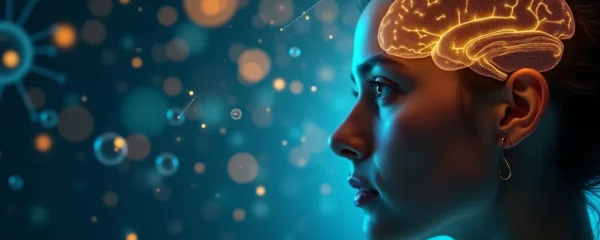Illustration of a woman with a glowing brain surrounded by symbols of memory and mental energy