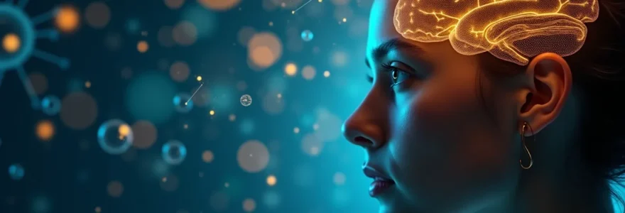 Illustration of a woman with a glowing brain surrounded by symbols of memory and mental energy
