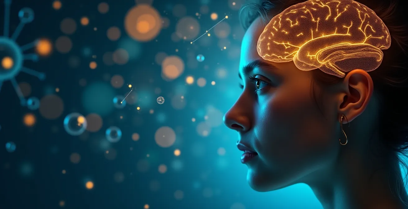 Illustration of a woman with a glowing brain surrounded by symbols of memory and mental energy